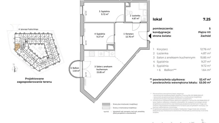 Rzut - Mieszkanie na sprzedaż 3 pokoje o powierzchni 52,56 m² - numer 7.25 w OVAL SKY
