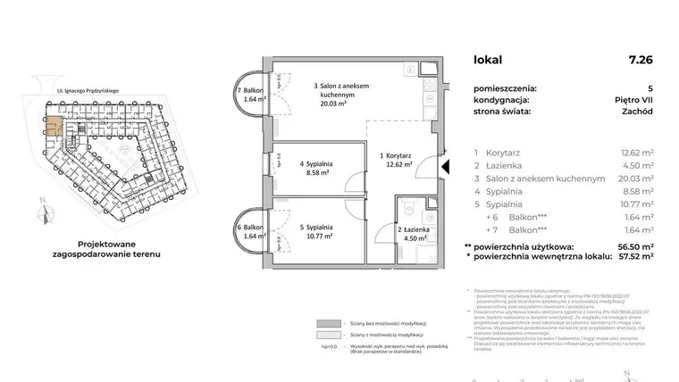 Rzut - Mieszkanie na sprzedaż 3 pokoje o powierzchni 56,4 m² - numer 7.26 w OVAL SKY