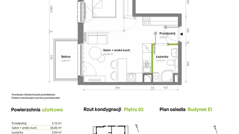 Rzut - Mieszkanie na sprzedaż 1 pokój o powierzchni 33,1 m² - numer E1.02.20 w Południe Vita