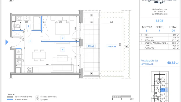 Rzut - Mieszkanie na sprzedaż 2 pokoje o powierzchni 40,9 m² - numer B104 w Rezydencja Niechorze II