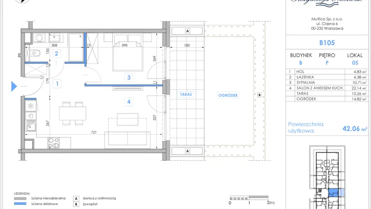Rzut - Mieszkanie na sprzedaż 2 pokoje o powierzchni 41,97 m² - numer B105 w Rezydencja Niechorze II
