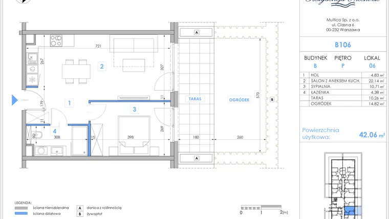 Rzut - Mieszkanie na sprzedaż 2 pokoje o powierzchni 41,88 m² - numer B106 w Rezydencja Niechorze II