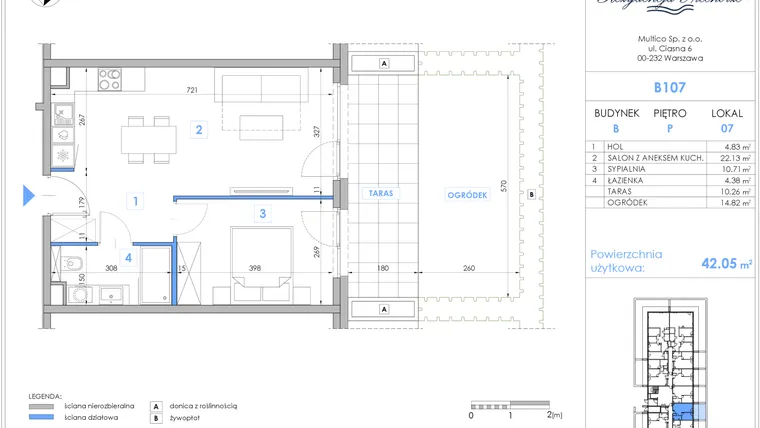 Rzut - Mieszkanie na sprzedaż 2 pokoje o powierzchni 41,99 m² - numer B107 w Rezydencja Niechorze II