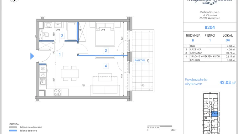 Rzut - Mieszkanie na sprzedaż 2 pokoje o powierzchni 41,9 m² - numer B204 w Rezydencja Niechorze II