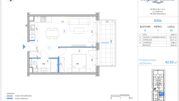 Rzut - Mieszkanie na sprzedaż 2 pokoje o powierzchni 41,93 m² - numer B206 w Rezydencja Niechorze II