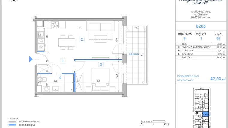 Rzut - Mieszkanie na sprzedaż 2 pokoje o powierzchni 41,8 m² - numer B205 w Rezydencja Niechorze II