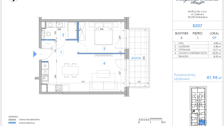 Rzut - Mieszkanie na sprzedaż 2 pokoje o powierzchni 41,58 m² - numer B207 w Rezydencja Niechorze II