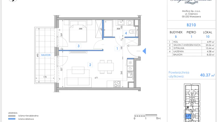 Rzut - Mieszkanie na sprzedaż 2 pokoje o powierzchni 40,23 m² - numer B210 w Rezydencja Niechorze II