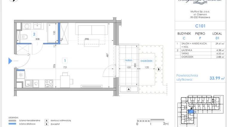 Rzut - Mieszkanie na sprzedaż 1 pokój o powierzchni 33,83 m² - numer C101 w Rezydencja Niechorze II