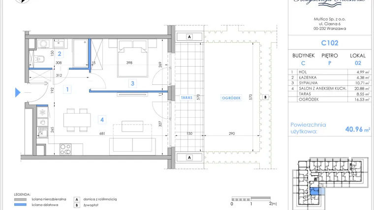 Rzut - Mieszkanie na sprzedaż 2 pokoje o powierzchni 40,75 m² - numer C102 w Rezydencja Niechorze II