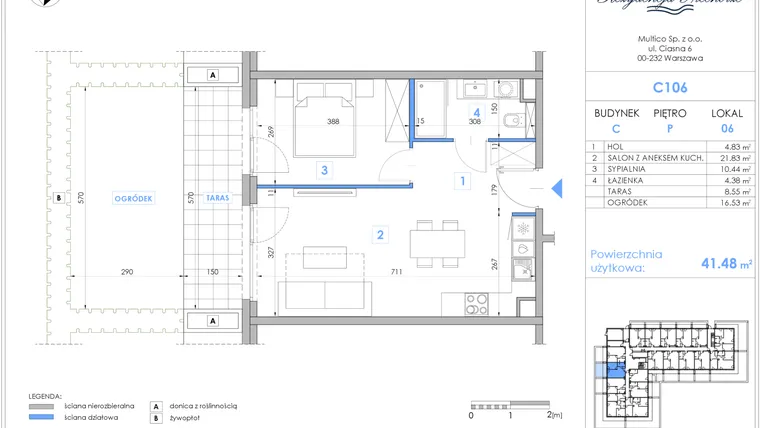 Rzut - Mieszkanie na sprzedaż 2 pokoje o powierzchni 41,4 m² - numer C106 w Rezydencja Niechorze II
