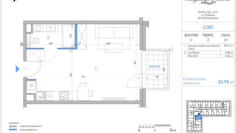 Rzut - Mieszkanie na sprzedaż 1 pokój o powierzchni 33,78 m² - numer C301 w Rezydencja Niechorze II