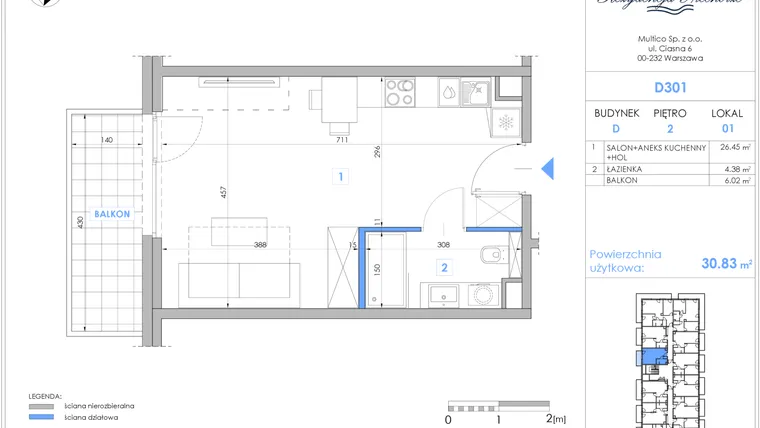 Rzut - Mieszkanie na sprzedaż 1 pokój o powierzchni 30,51 m² - numer D301 w Rezydencja Niechorze II