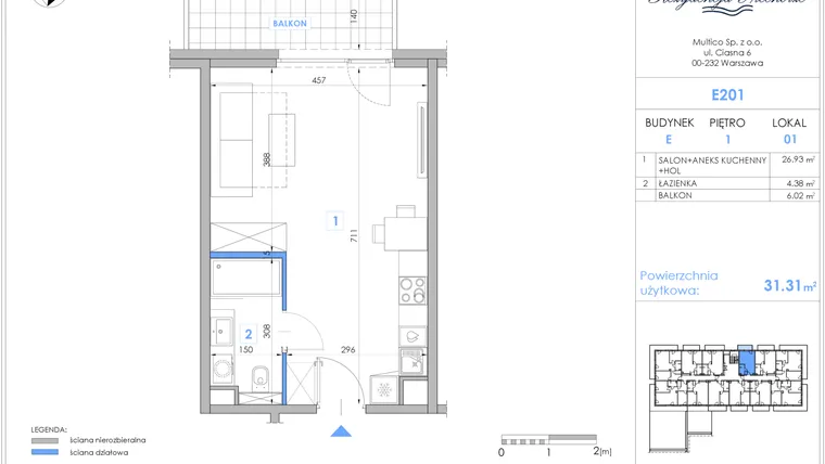 Rzut - Mieszkanie na sprzedaż 1 pokój o powierzchni 31,14 m² - numer E201 w Rezydencja Niechorze II