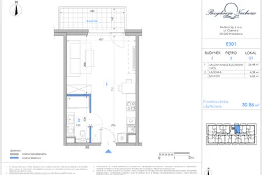 Rzut - Mieszkanie na sprzedaż 1 pokój o powierzchni 30,64 m² - numer E301 w Rezydencja Niechorze II