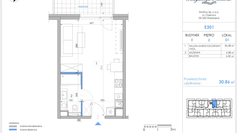 Rzut - Mieszkanie na sprzedaż 1 pokój o powierzchni 30,64 m² - numer E301 w Rezydencja Niechorze II