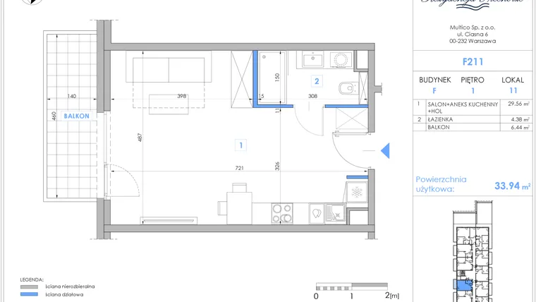 Rzut - Mieszkanie na sprzedaż 1 pokój o powierzchni 33,55 m² - numer F211 w Rezydencja Niechorze II