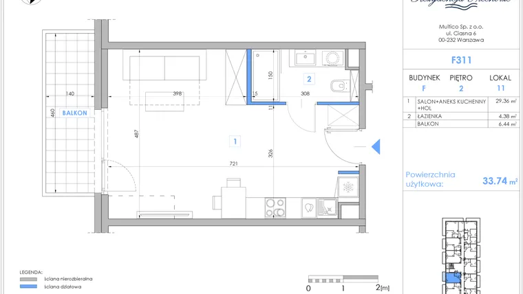 Rzut - Mieszkanie na sprzedaż 1 pokój o powierzchni 33,37 m² - numer F311 w Rezydencja Niechorze II