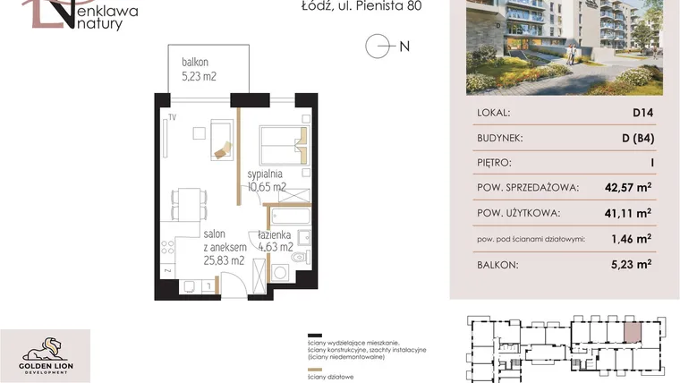 Rzut - Mieszkanie na sprzedaż 2 pokoje o powierzchni 42,57 m² - numer D14 w Enklawa Natury