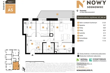 Rzut - Mieszkanie na sprzedaż 4 pokoje o powierzchni 67,98 m² - numer 5 w Nowy Sosnowiec
