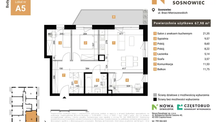 Rzut - Mieszkanie na sprzedaż 4 pokoje o powierzchni 67,98 m² - numer 5 w Nowy Sosnowiec