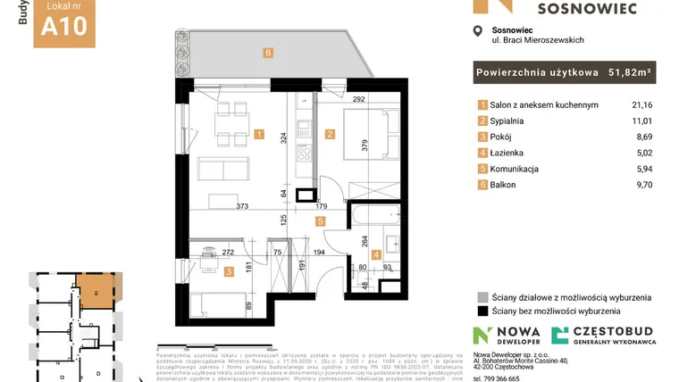 Rzut - Mieszkanie na sprzedaż 3 pokoje o powierzchni 51,82 m² - numer 10 w Nowy Sosnowiec