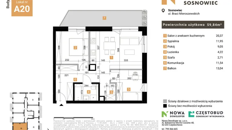 Rzut - Mieszkanie na sprzedaż 3 pokoje o powierzchni 59,84 m² - numer 20 w Nowy Sosnowiec