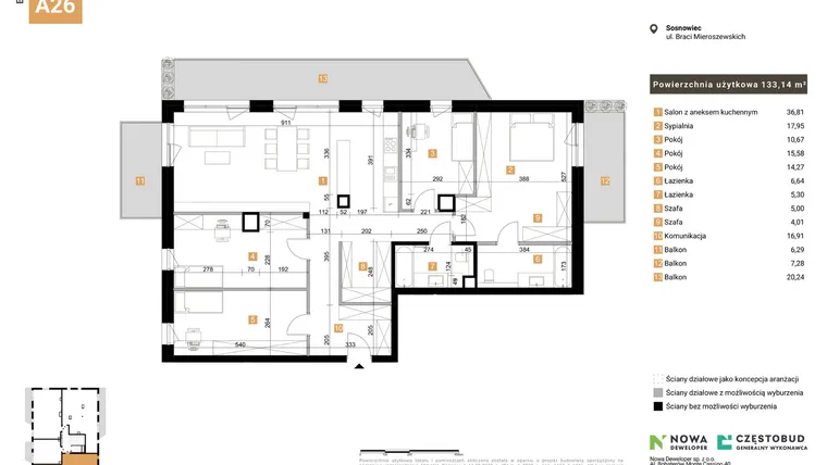 Rzut - Mieszkanie na sprzedaż 5 pokoi o powierzchni 133,14 m² - numer 26 w Nowy Sosnowiec