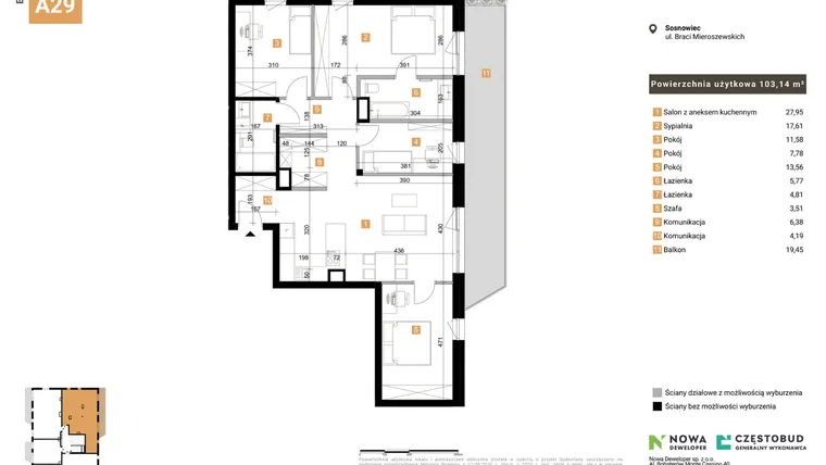 Rzut - Mieszkanie na sprzedaż 5 pokoi o powierzchni 103,14 m² - numer 29 w Nowy Sosnowiec