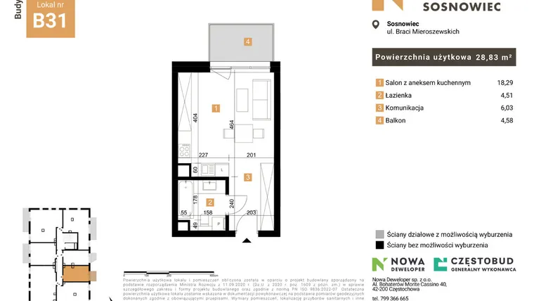 Rzut - Mieszkanie na sprzedaż 1 pokój o powierzchni 28,83 m² - numer 31 w Nowy Sosnowiec
