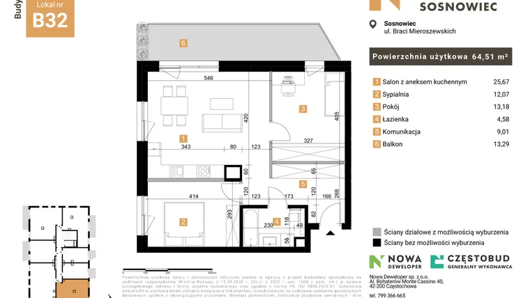 Rzut - Mieszkanie na sprzedaż 3 pokoje o powierzchni 64,51 m² - numer 32 w Nowy Sosnowiec