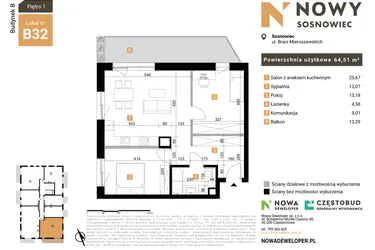 Rzut - Mieszkanie na sprzedaż 3 pokoje o powierzchni 64,51 m² - numer 32 w Nowy Sosnowiec