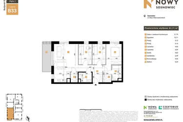 Rzut - Mieszkanie na sprzedaż 4 pokoje o powierzchni 81,71 m² - numer 33 w Nowy Sosnowiec