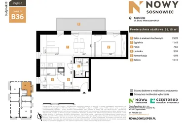 Rzut - Mieszkanie na sprzedaż 3 pokoje o powierzchni 55,15 m² - numer 36 w Nowy Sosnowiec