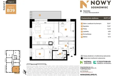 Rzut - Mieszkanie na sprzedaż 3 pokoje o powierzchni 64,51 m² - numer 39 w Nowy Sosnowiec