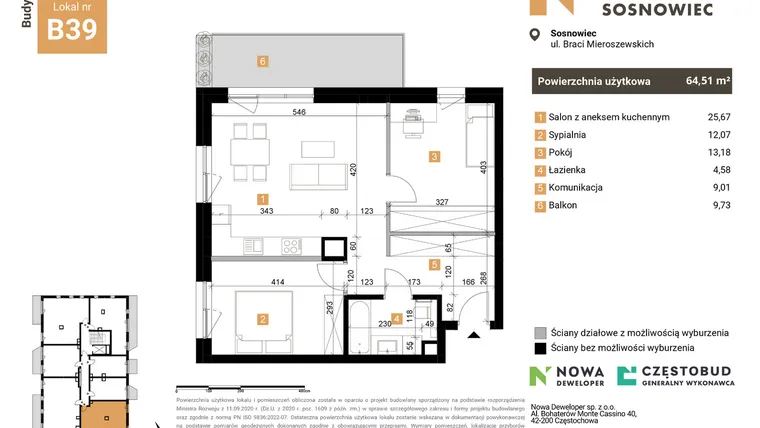 Rzut - Mieszkanie na sprzedaż 3 pokoje o powierzchni 64,51 m² - numer 39 w Nowy Sosnowiec