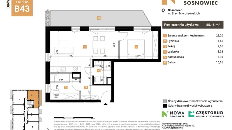 Rzut - Mieszkanie na sprzedaż 3 pokoje o powierzchni 55,15 m² - numer 43 w Nowy Sosnowiec