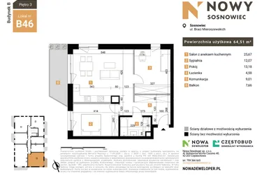 Rzut - Mieszkanie na sprzedaż 3 pokoje o powierzchni 64,51 m² - numer 46 w Nowy Sosnowiec
