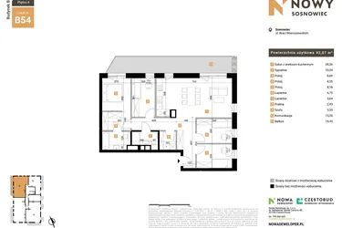 Rzut - Mieszkanie na sprzedaż 5 pokoi o powierzchni 92,07 m² - numer 54 w Nowy Sosnowiec