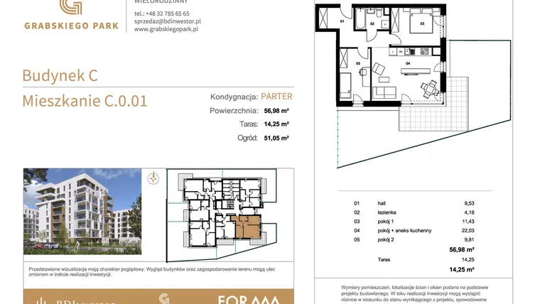Rzut - Mieszkanie na sprzedaż 3 pokoje o powierzchni 56,98 m² - numer C.0.01 w Grabskiego Park