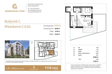 Rzut - Mieszkanie na sprzedaż 3 pokoje o powierzchni 56,98 m² - numer C.0.01 w Grabskiego Park