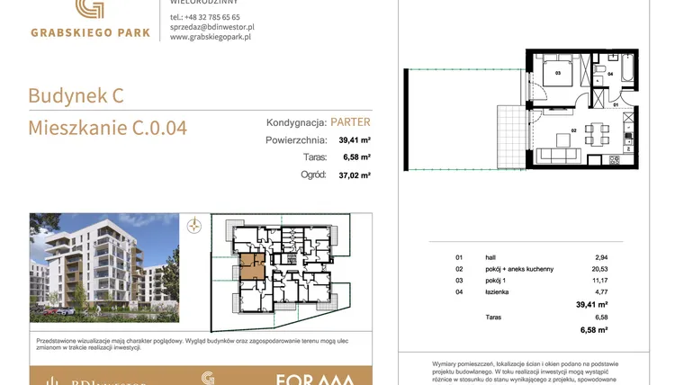 Rzut - Mieszkanie na sprzedaż 2 pokoje o powierzchni 39,41 m² - numer C.0.04 w Grabskiego Park