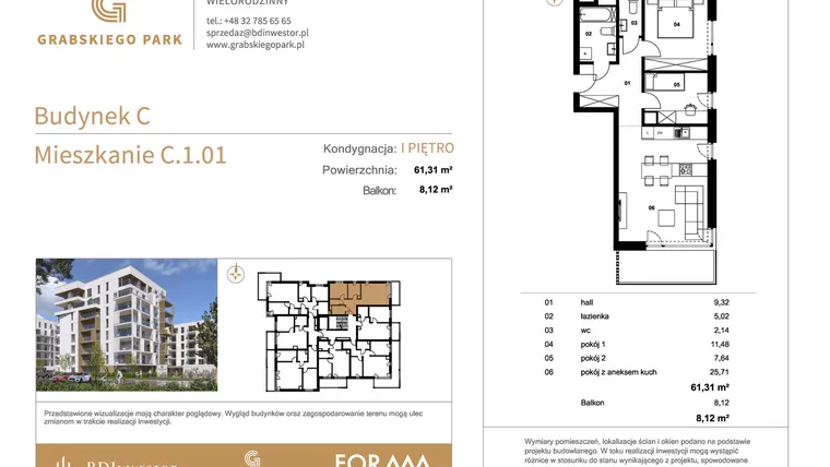 Rzut - Mieszkanie na sprzedaż 3 pokoje o powierzchni 61,31 m² - numer C.1.01 w Grabskiego Park