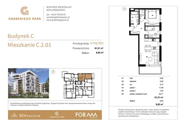 Rzut - Mieszkanie na sprzedaż 3 pokoje o powierzchni 61,31 m² - numer C.2.01 w Grabskiego Park