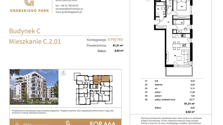 Rzut - Mieszkanie na sprzedaż 3 pokoje o powierzchni 61,31 m² - numer C.2.01 w Grabskiego Park