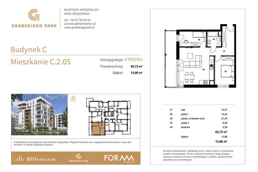 Rzut - Mieszkanie na sprzedaż 3 pokoje o powierzchni 63,73 m² - numer C.2.05 w Grabskiego Park