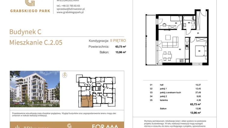 Rzut - Mieszkanie na sprzedaż 3 pokoje o powierzchni 63,73 m² - numer C.2.05 w Grabskiego Park