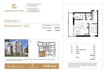 Rzut - Mieszkanie na sprzedaż 3 pokoje o powierzchni 63,73 m² - numer C.3.05 w Grabskiego Park