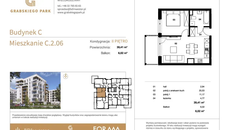 Rzut - Mieszkanie na sprzedaż 2 pokoje o powierzchni 39,41 m² - numer C.2.06 w Grabskiego Park