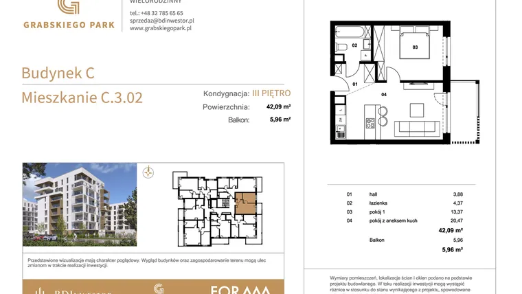 Rzut - Mieszkanie na sprzedaż 2 pokoje o powierzchni 42,09 m² - numer C.3.02 w Grabskiego Park